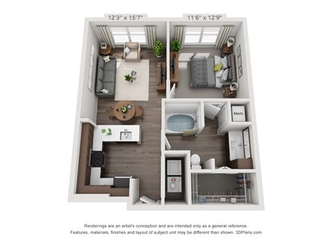 Floor plan for 1 bed, 1 bath, 692 sqft